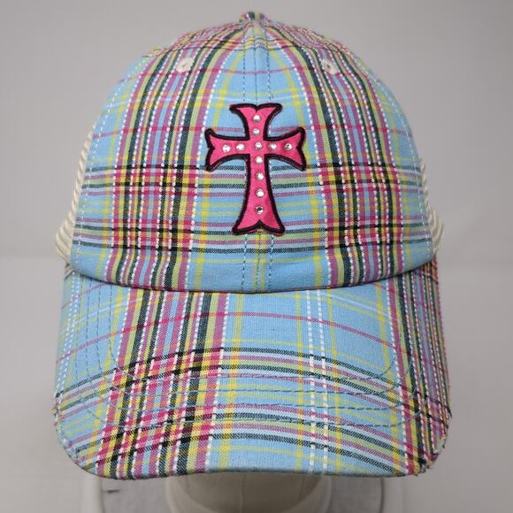 Cross Bling Snapback Trucker Hat Multicolor One Size Adjustable Mesh Back Plaid - Picture 2 of 9